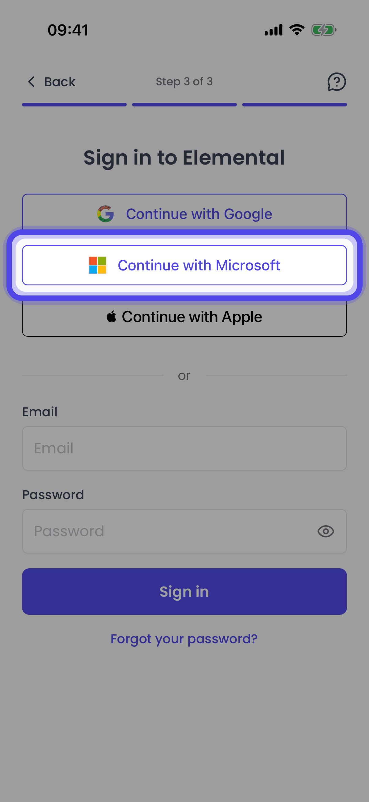Tap Continue with Microsoft (mobile app)