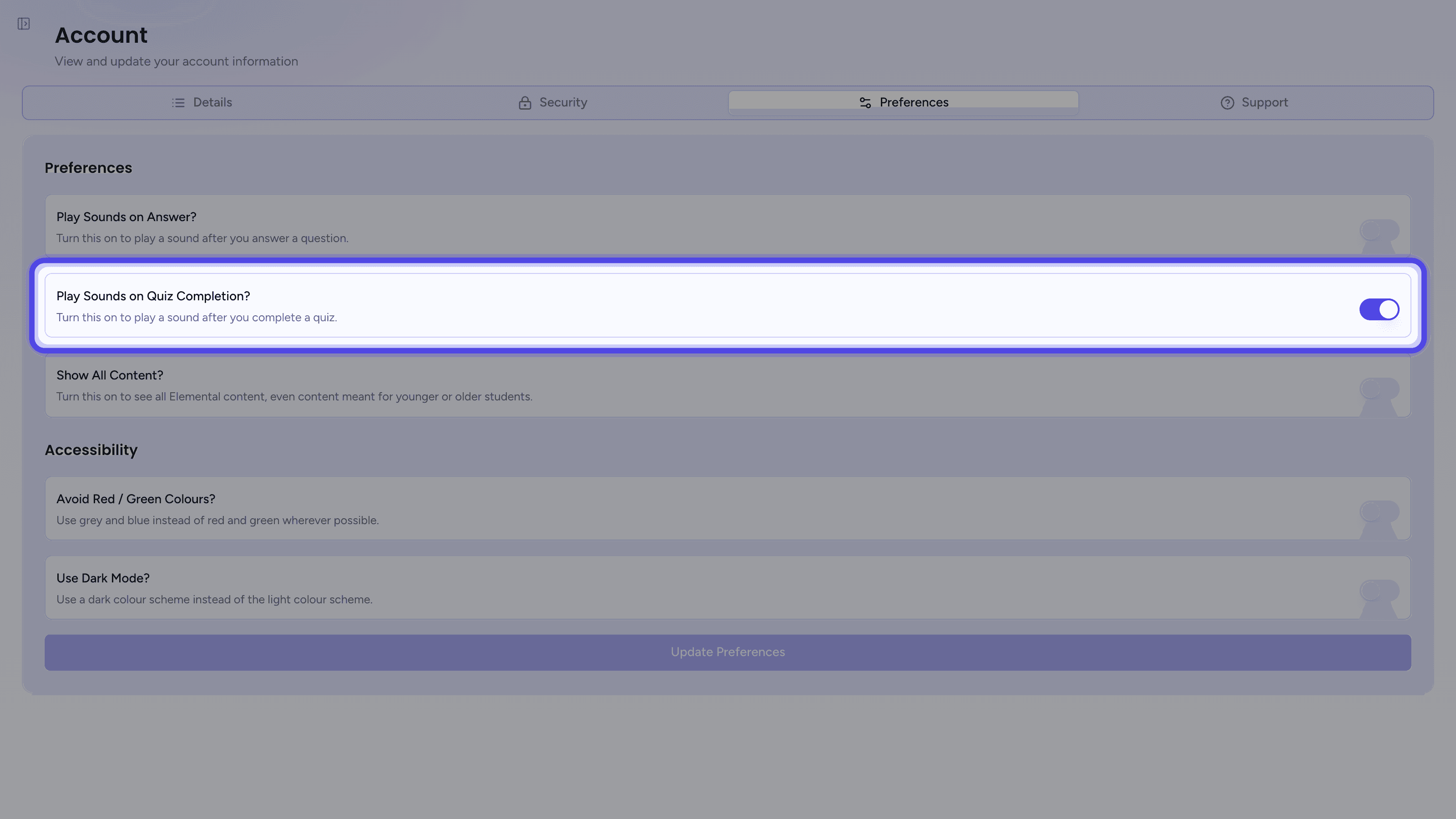 The Preferences tab with the Play Sounds on Quiz Completion? setting highlighted