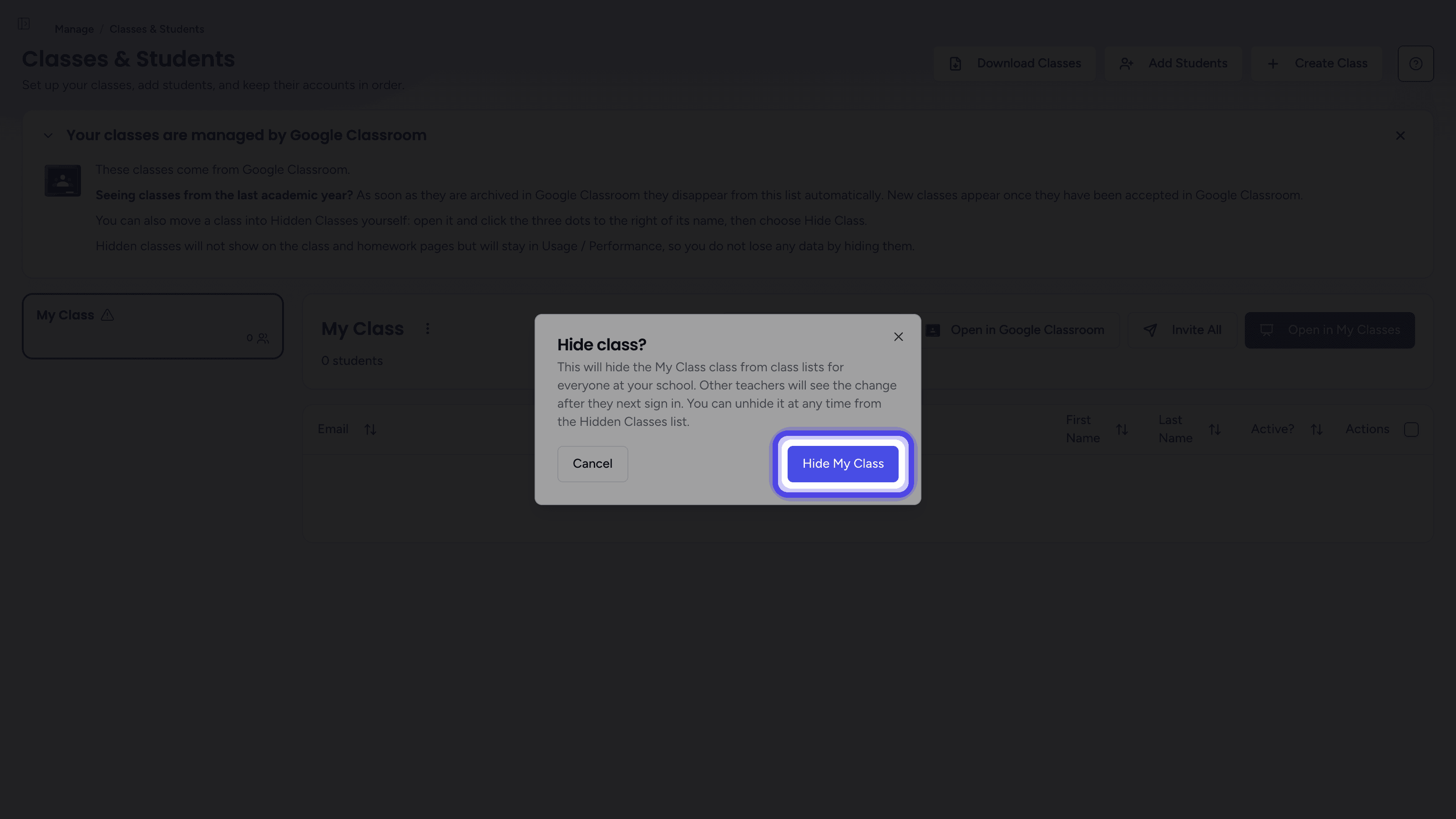 The Hide class? dialog with the confirm button highlighted