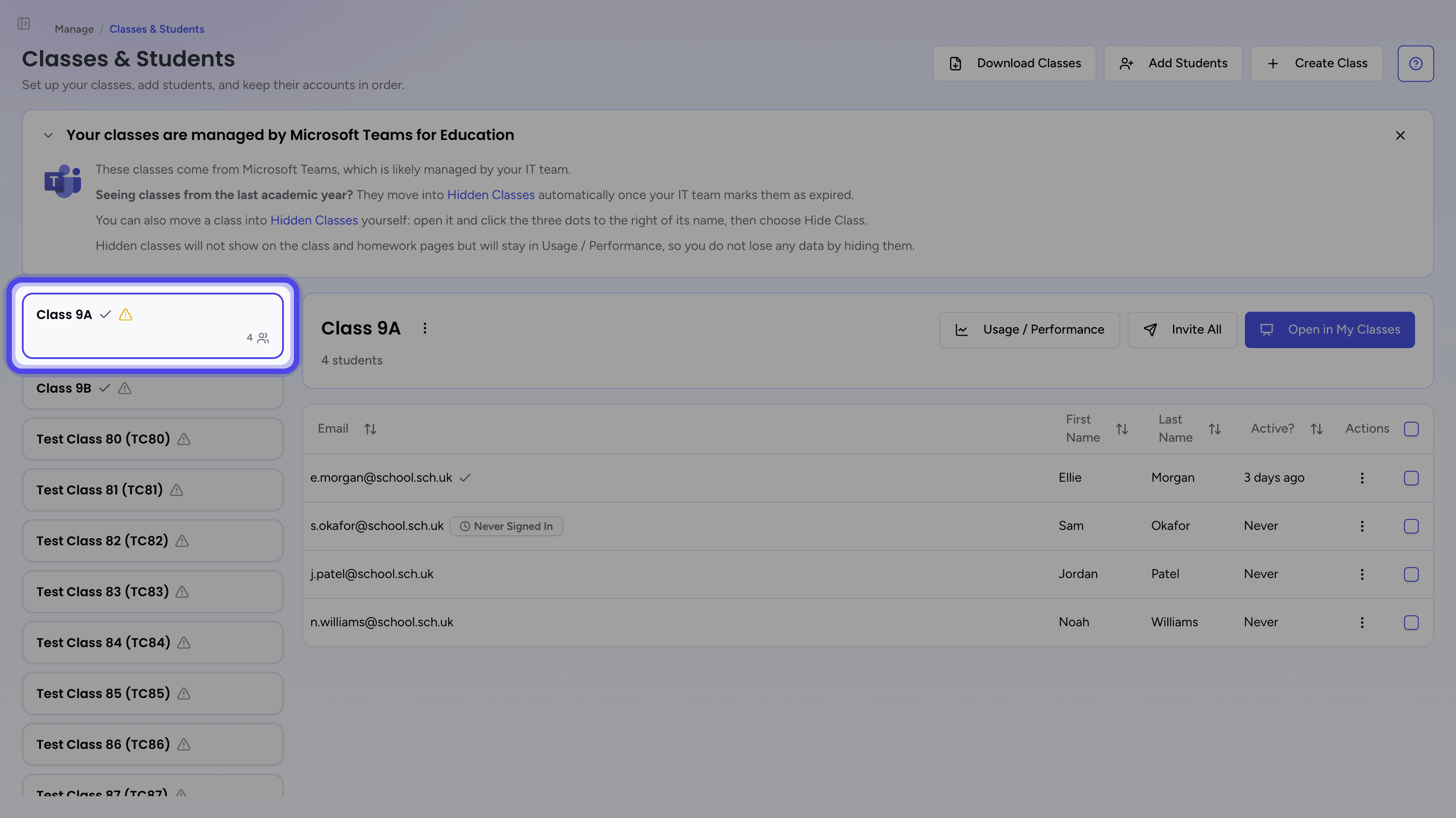 The Classes & Students page with a class selected in the class list