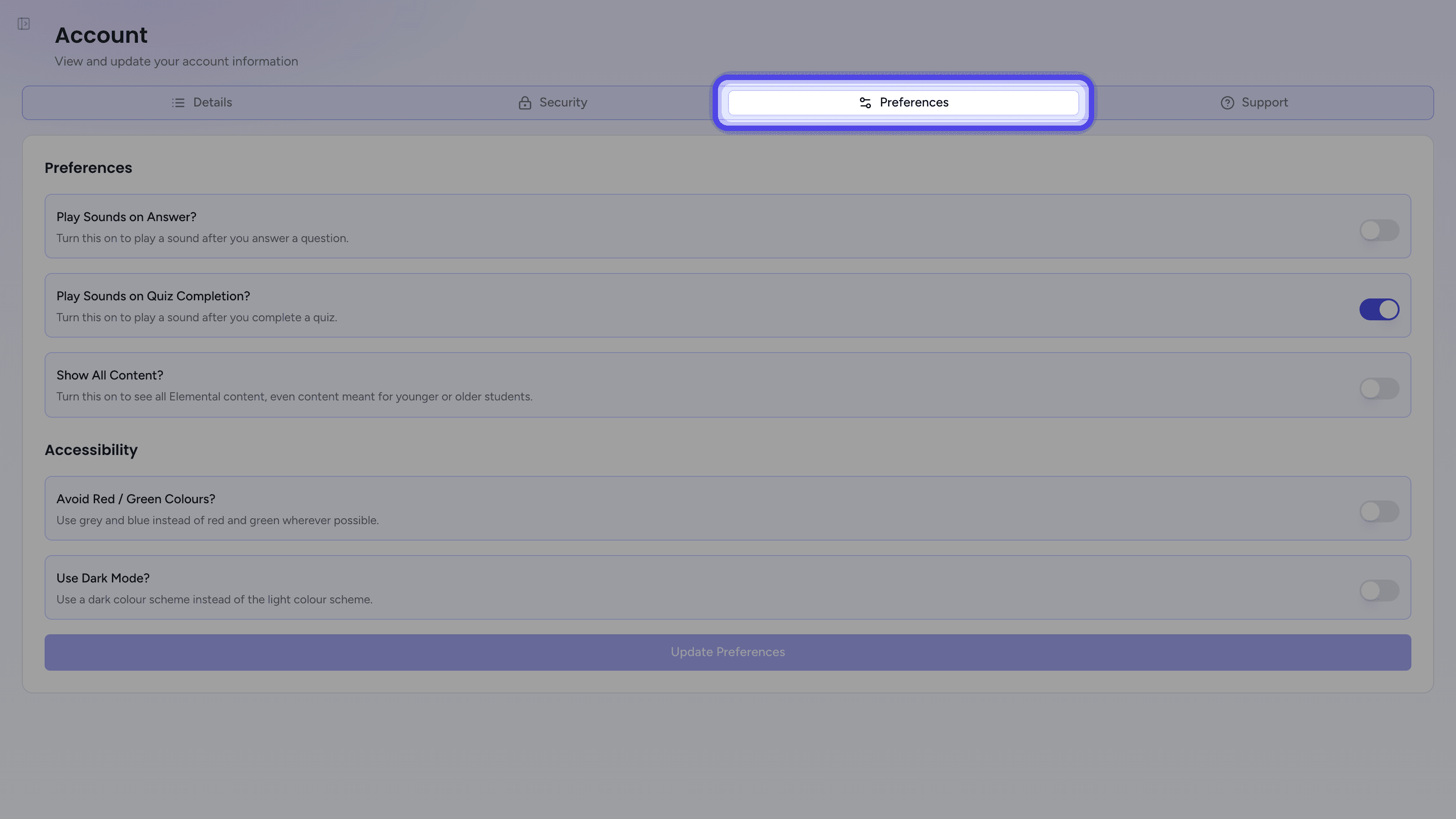 The Account page with the Preferences tab highlighted