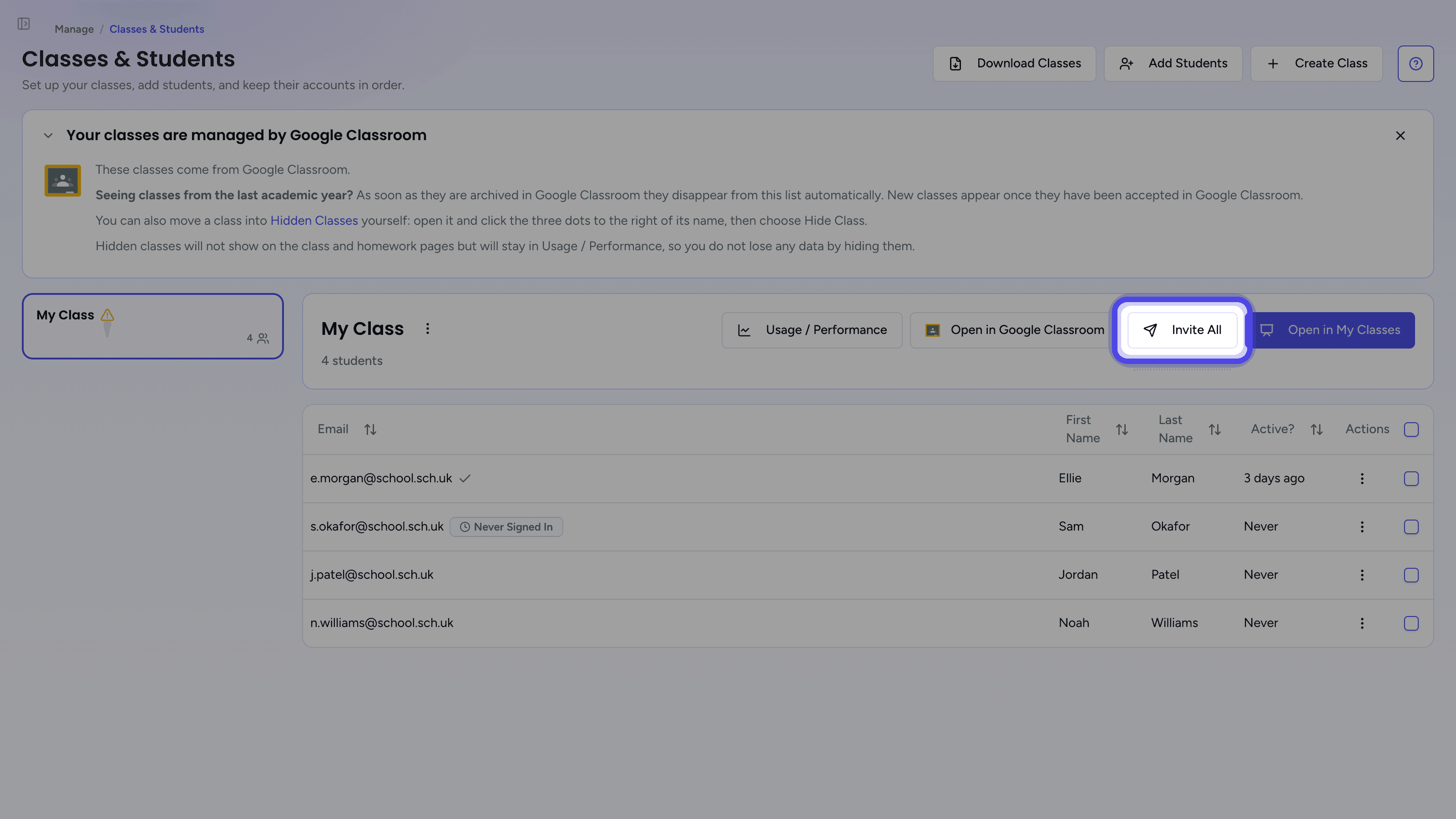 The class panel with the Invite All button highlighted