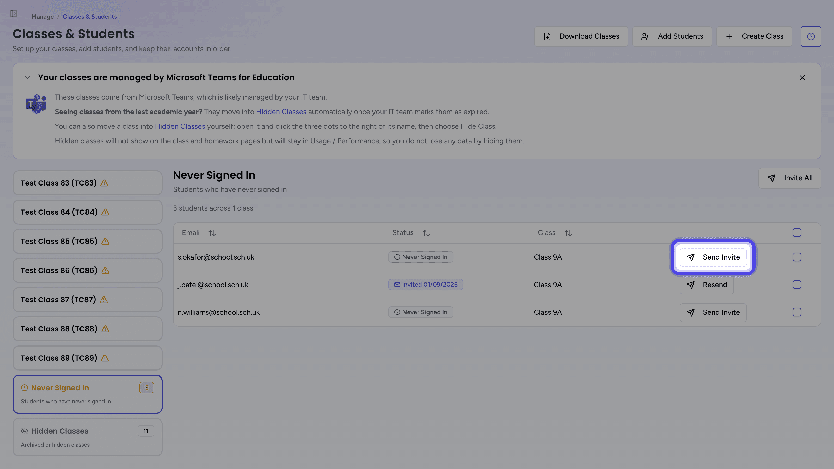 The Never Signed In list with a Send Invite button highlighted