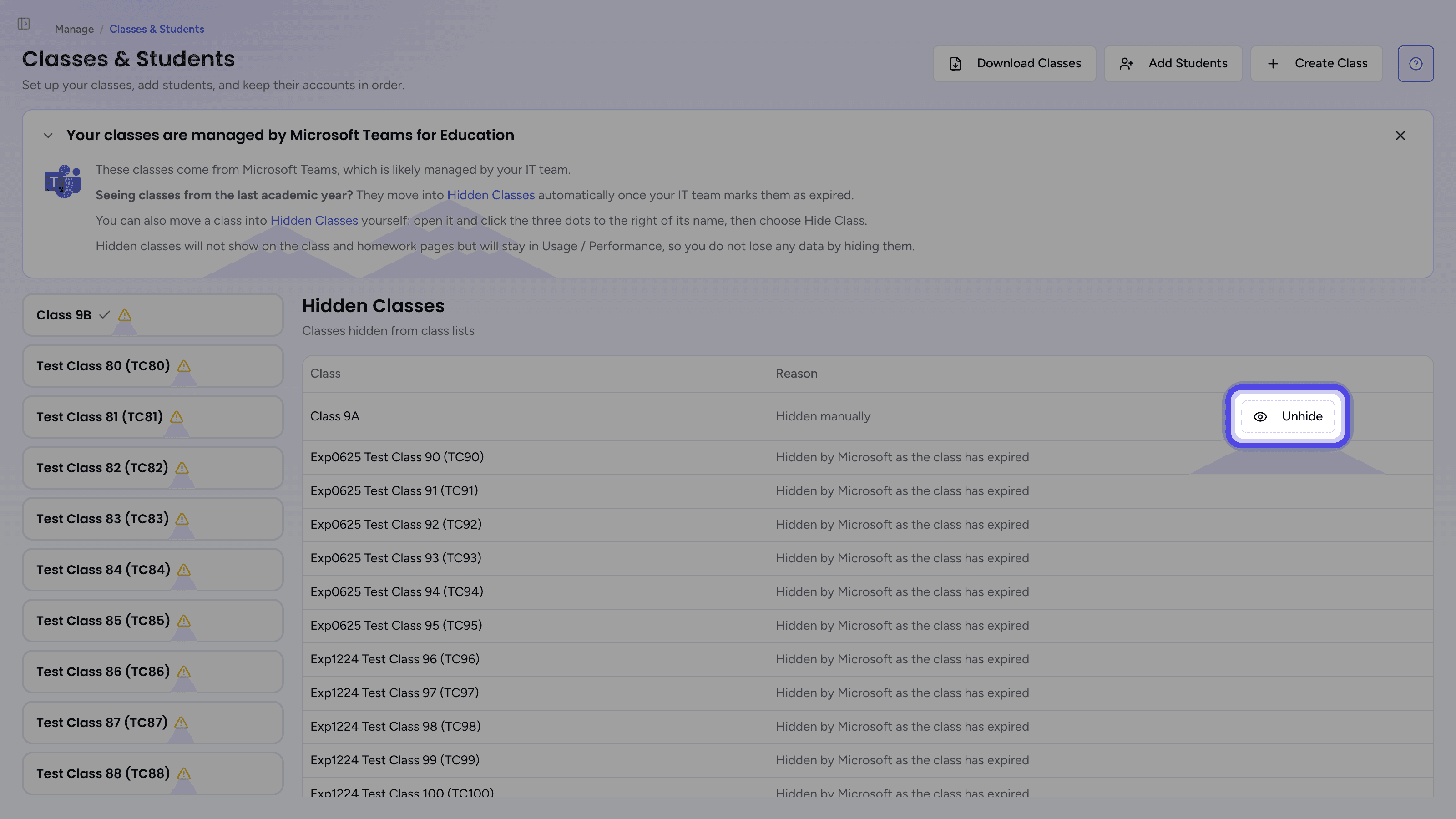 The Hidden Classes list with the Unhide button highlighted
