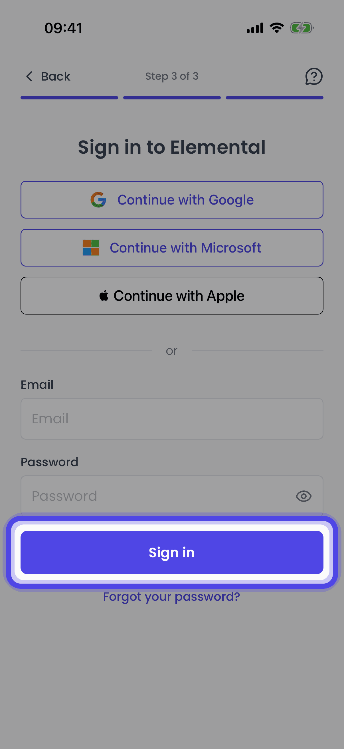 Enter Your Email and Password (mobile app)