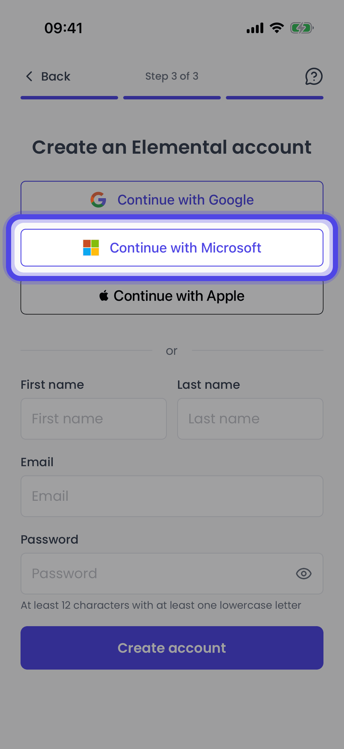 Tap Continue with Microsoft (mobile app)
