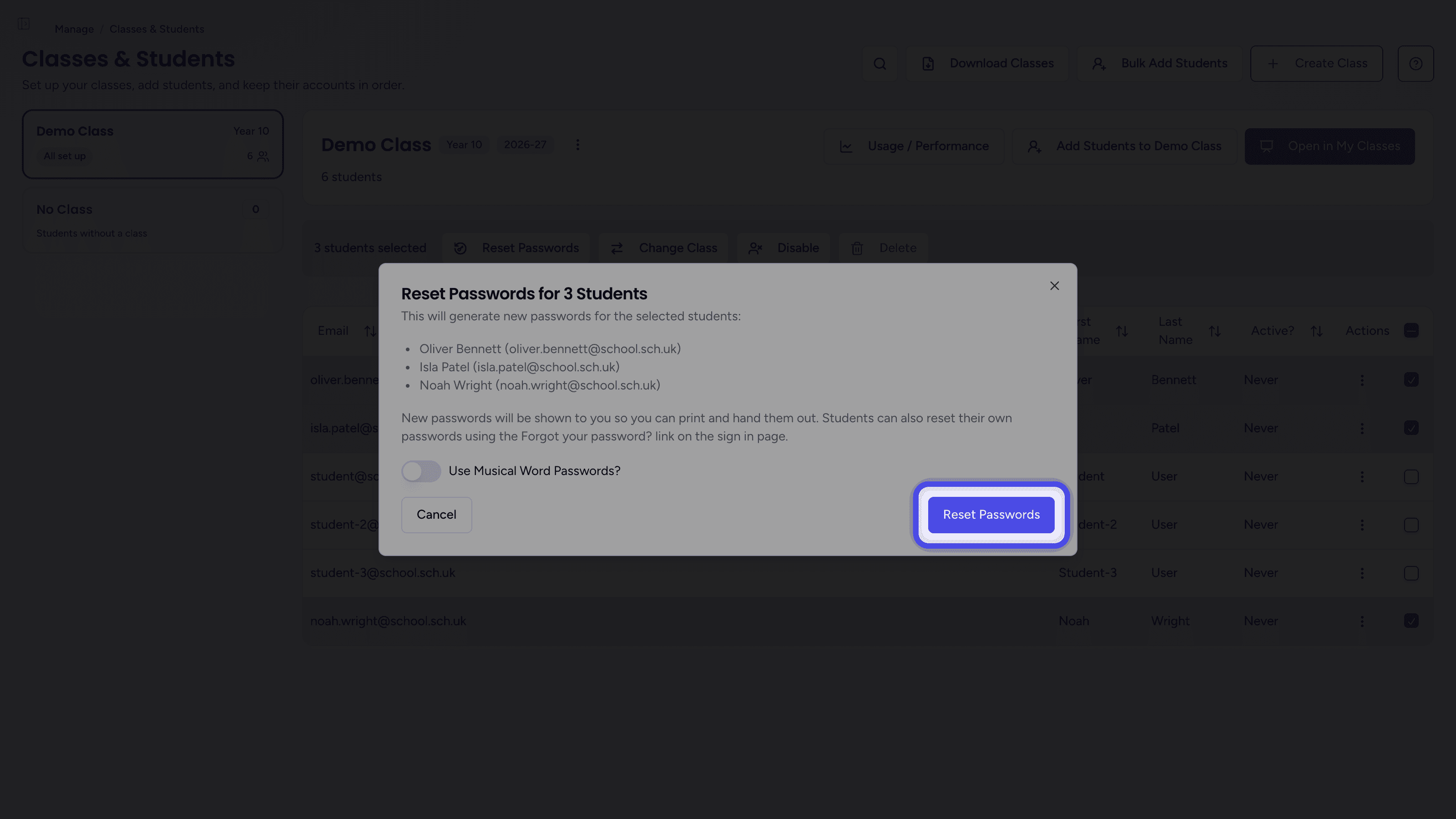 The Reset Passwords dialog with the Reset Passwords button highlighted