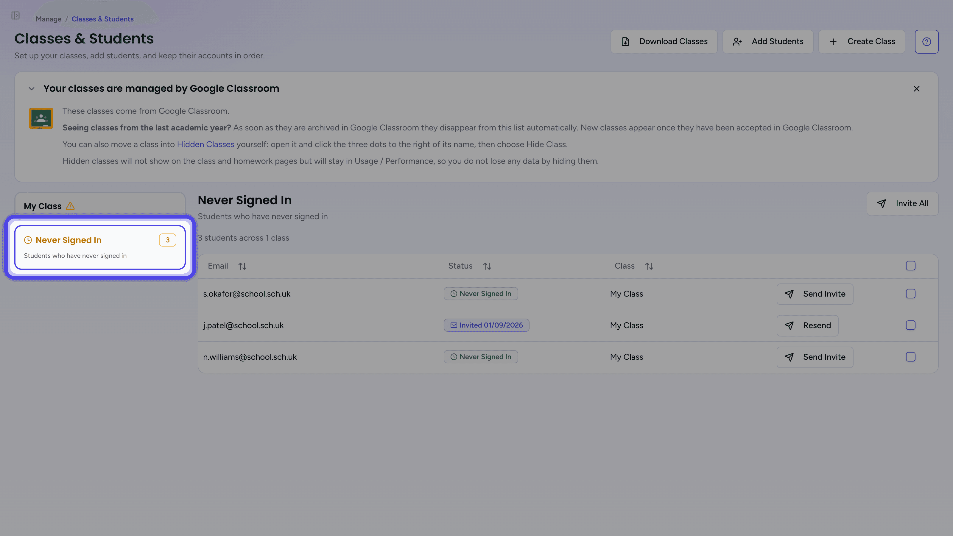 The Never Signed In card highlighted in the class list