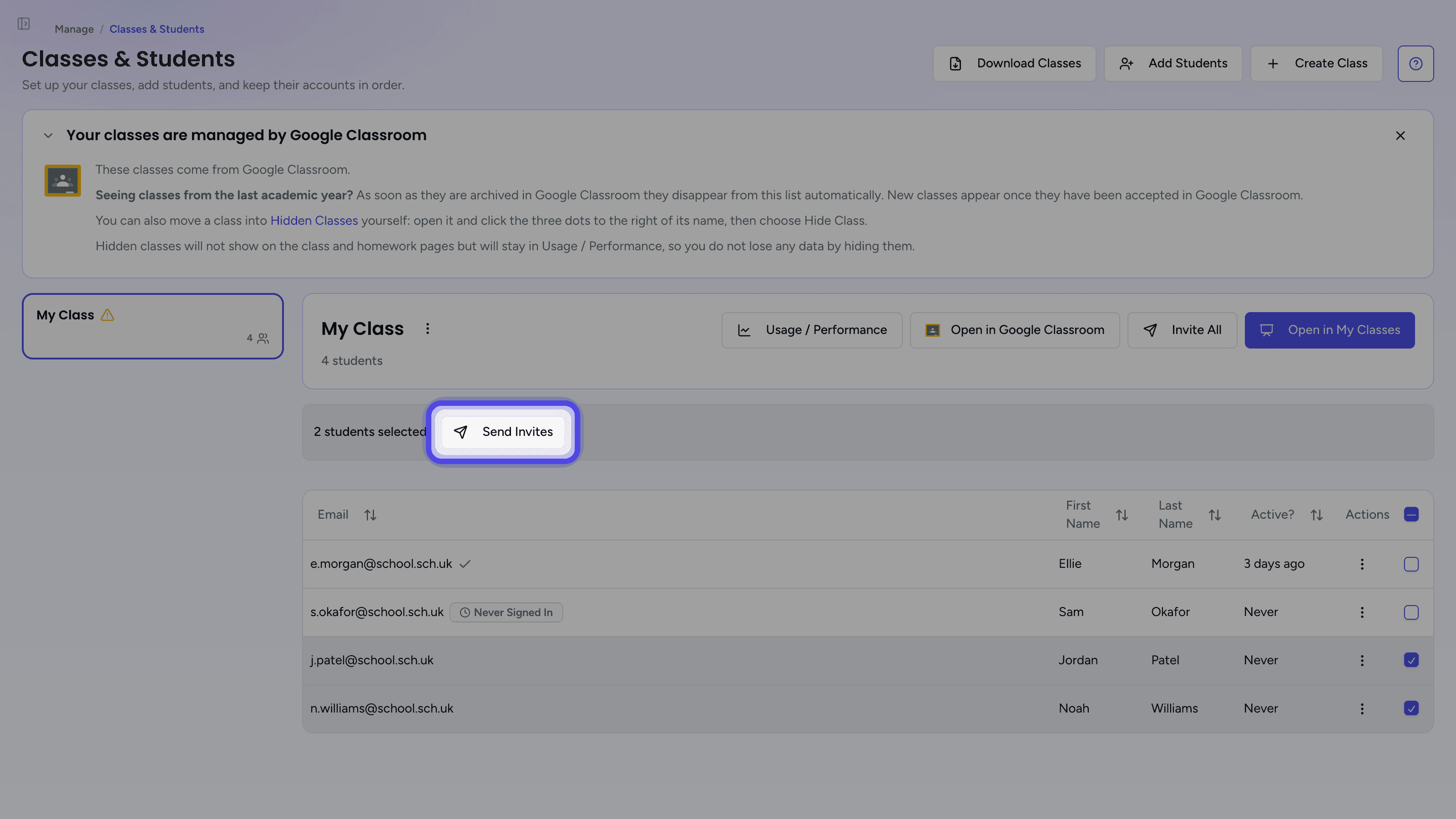 Two students ticked in the students table with the Send Invites button highlighted