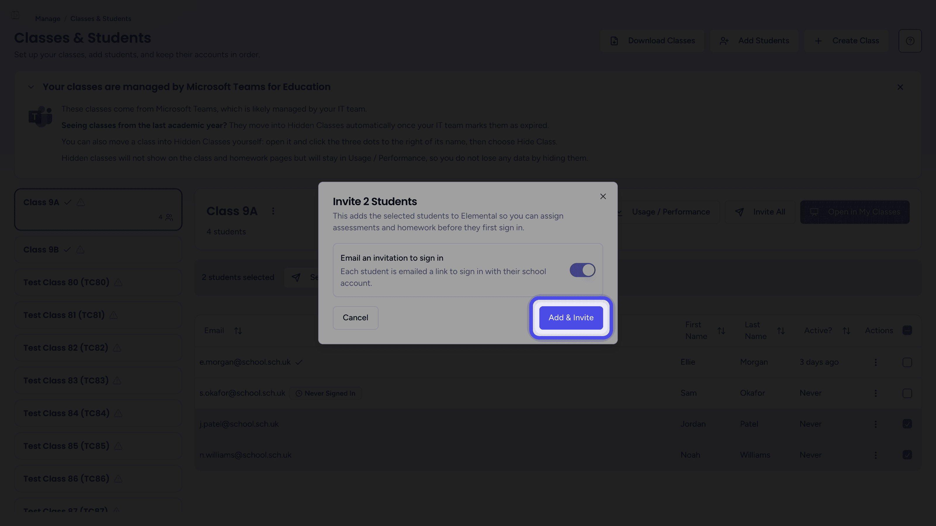 The Invite 2 Students dialog with the Add & Invite button highlighted