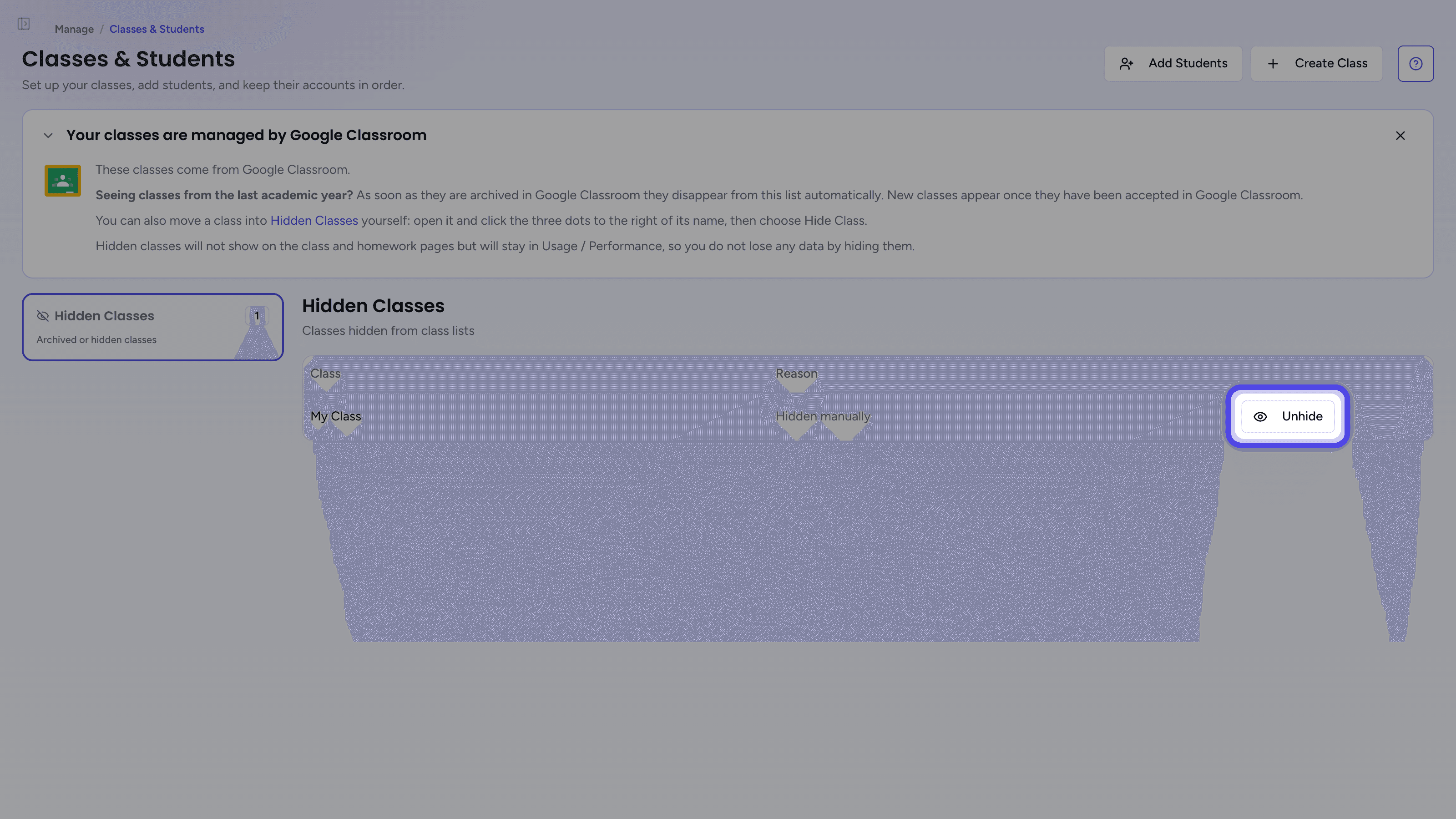 The Hidden Classes list with the Unhide button highlighted