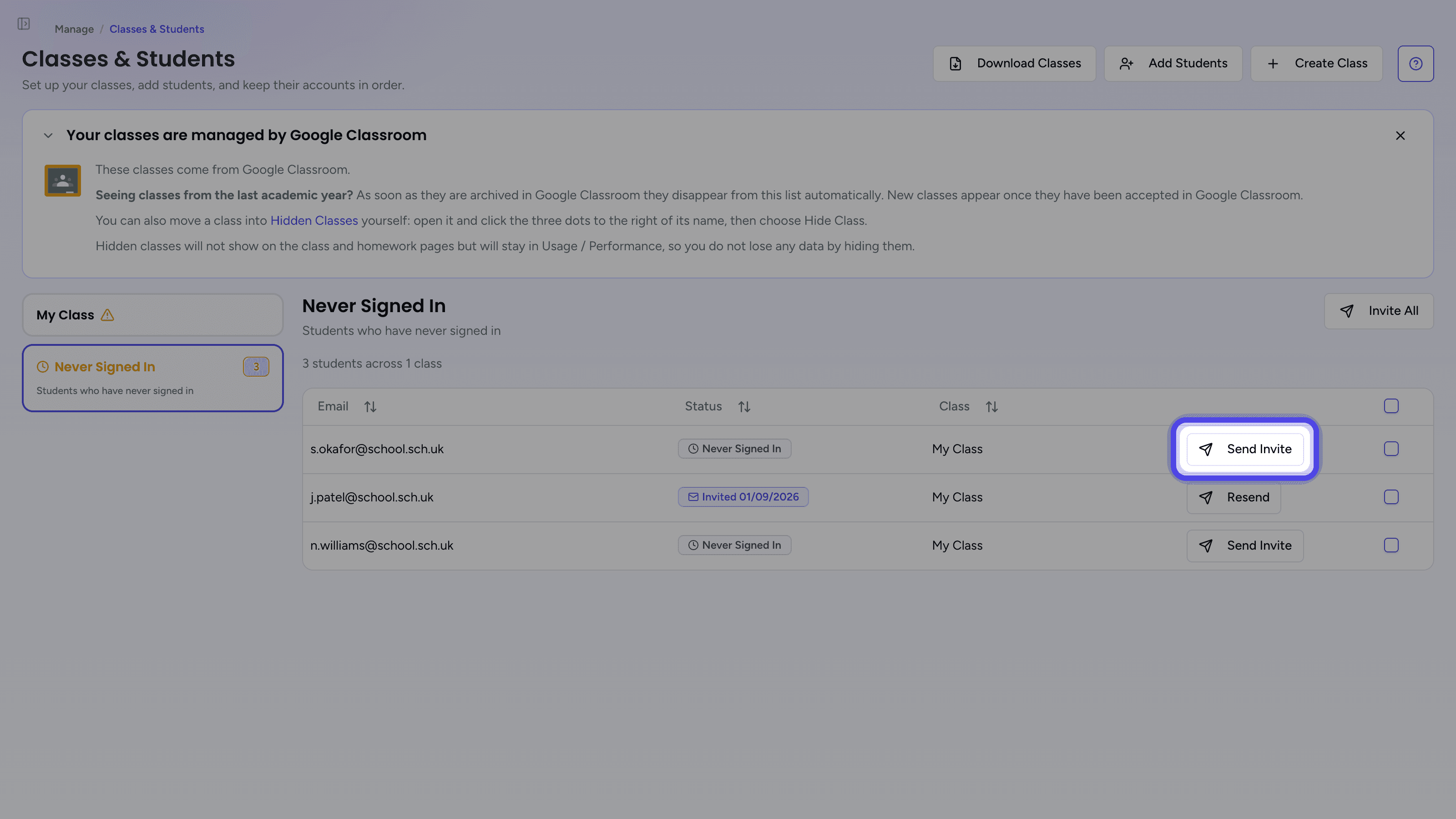 The Never Signed In list with a Send Invite button highlighted