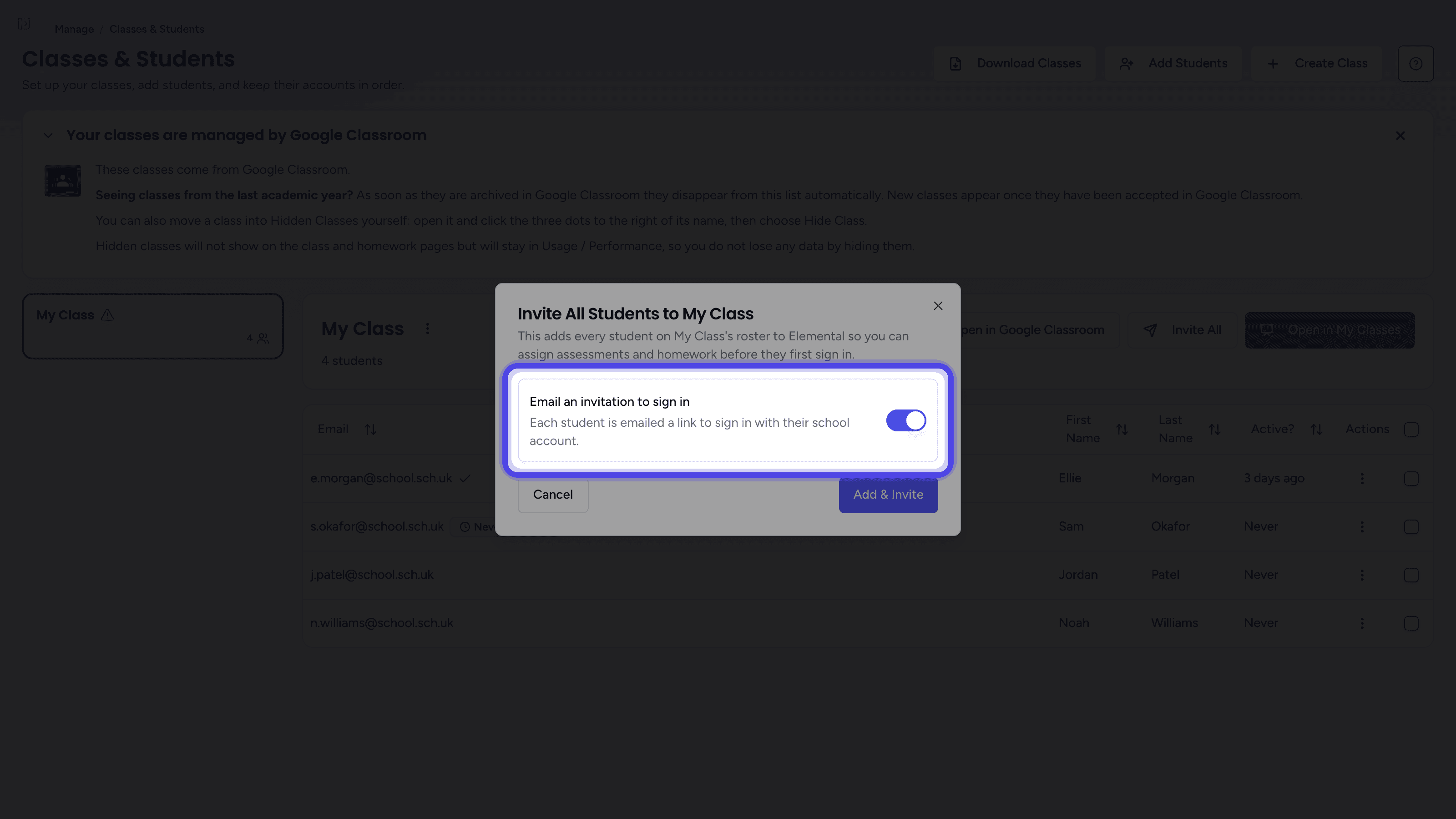 The Invite All Students dialog with the Email an invitation to sign in switch highlighted